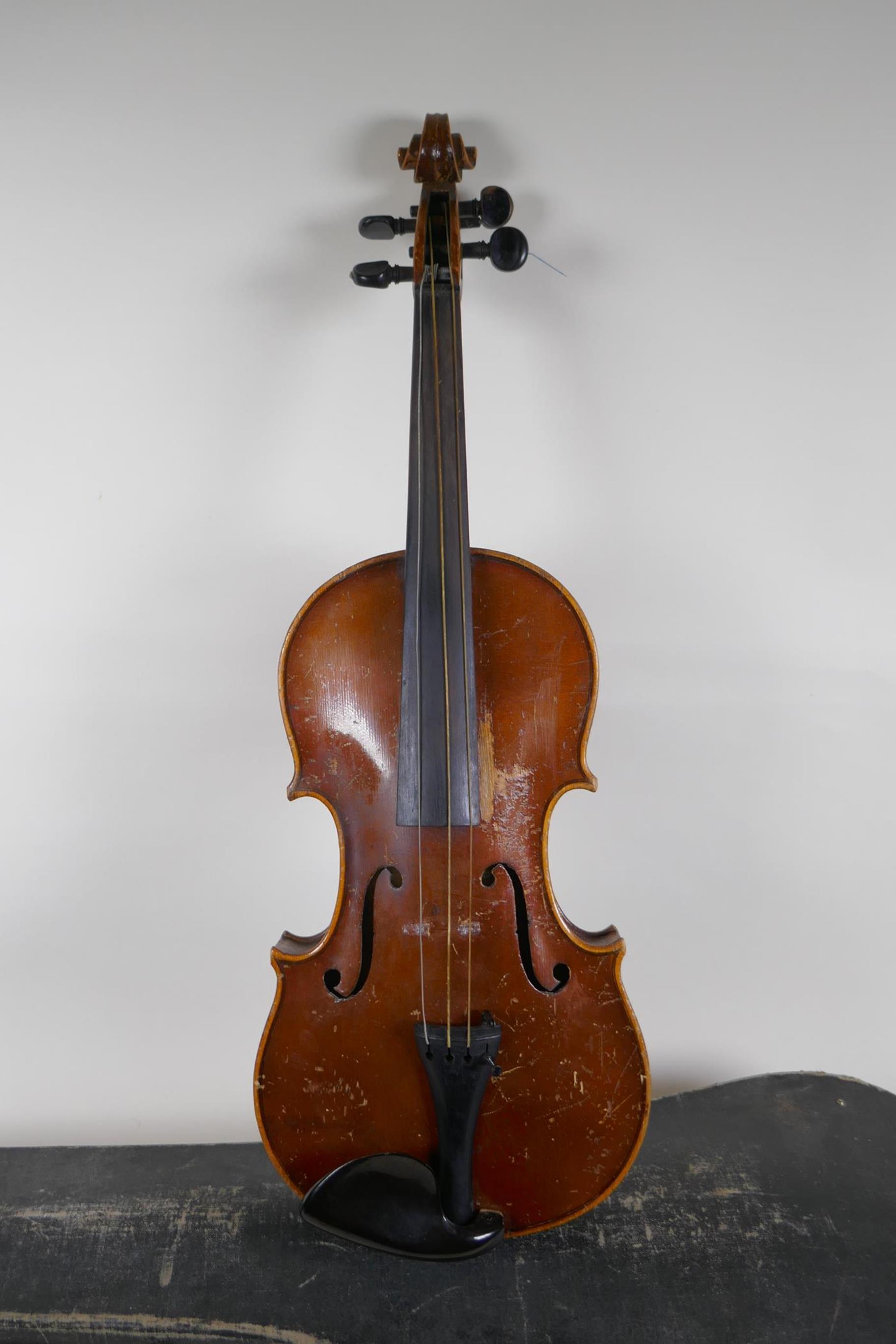 A violin and bow, the neck of the violin stamped RMB 1206, in a carry case, violin 59cm long - Image 2 of 7