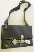 Roberta di Camerino, dark blue leather handbag with decorative metal lock and buckle, 30 x 20cm