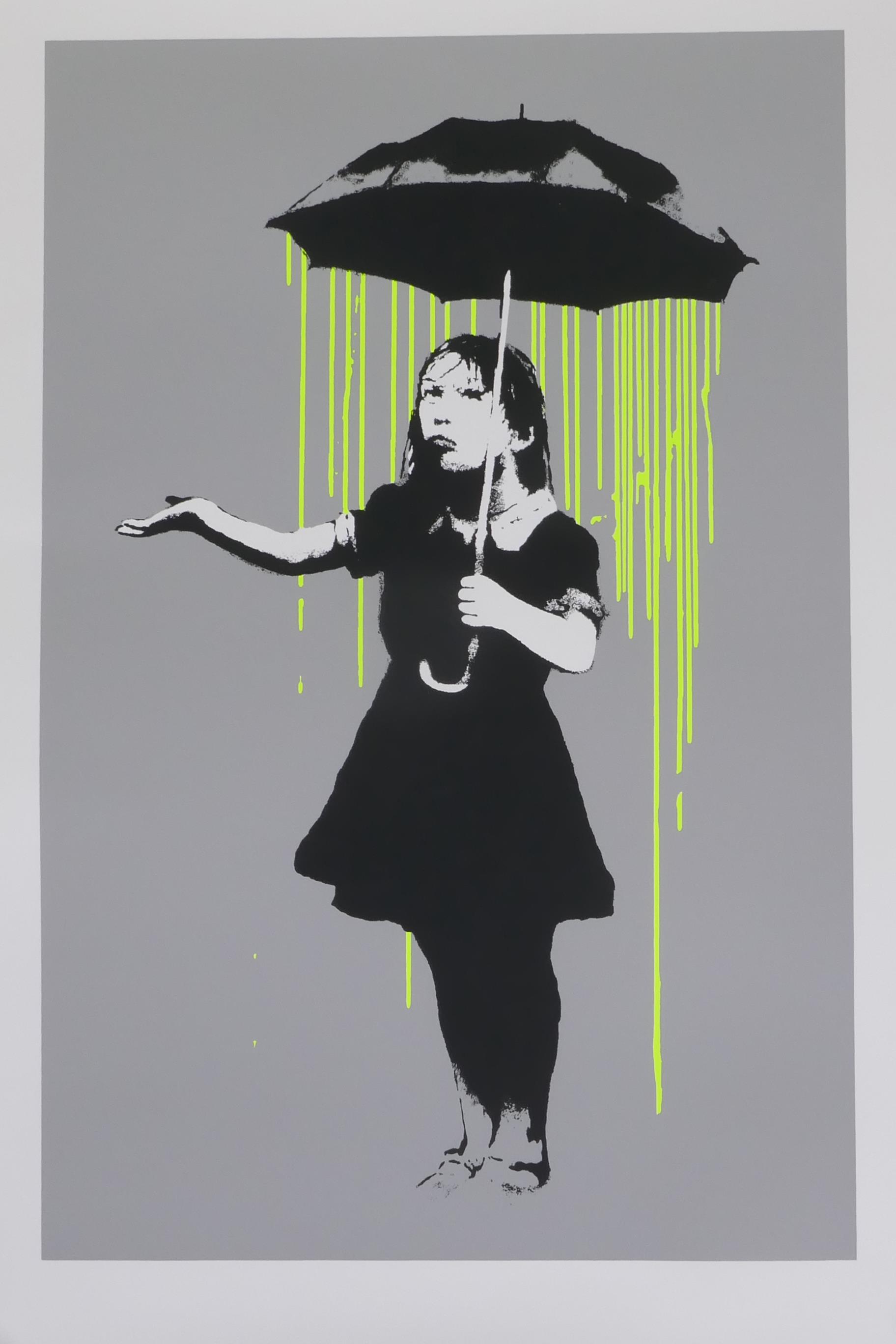 After Banksy, Nola (Yellow Rain), limited edition copy screen print No 43/500, by the West Country - Image 2 of 4
