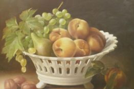 Edna Bizon, fruit in a pierced dish, signed, oil on canvas, 46 x 36cm
