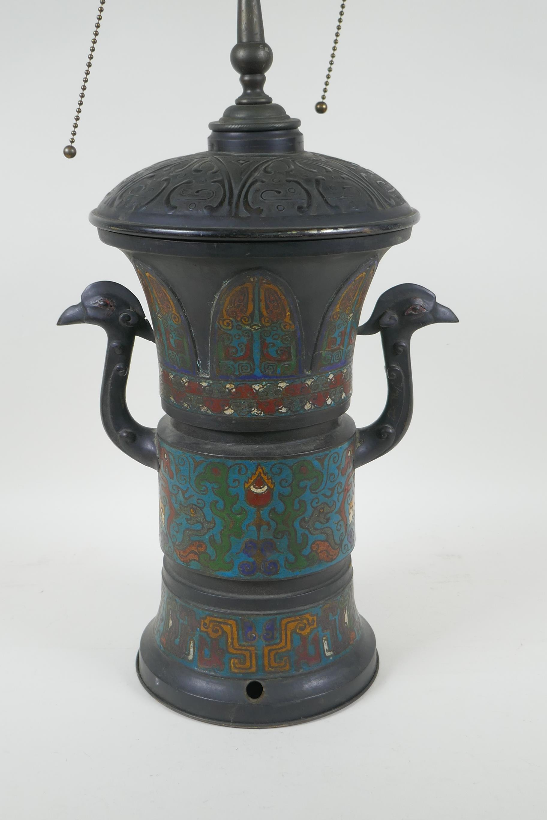 A Chinese cloisonne two handled lamp, 73cm high - Image 5 of 6