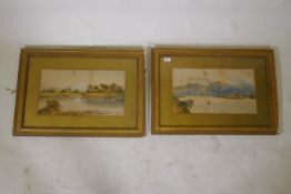 E. Earp, landscape with barges and lake scene, watercolours, signed, 27 x 50cm