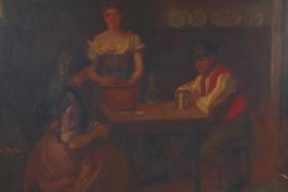 Interior scene with figures at a table, monogrammed F.H. (Frank Hull?), late C19th oil on canvas, 50