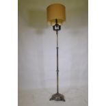 Antique silver plated telescopic floor oil lamp, converted to electricity, the back stamped EB.,