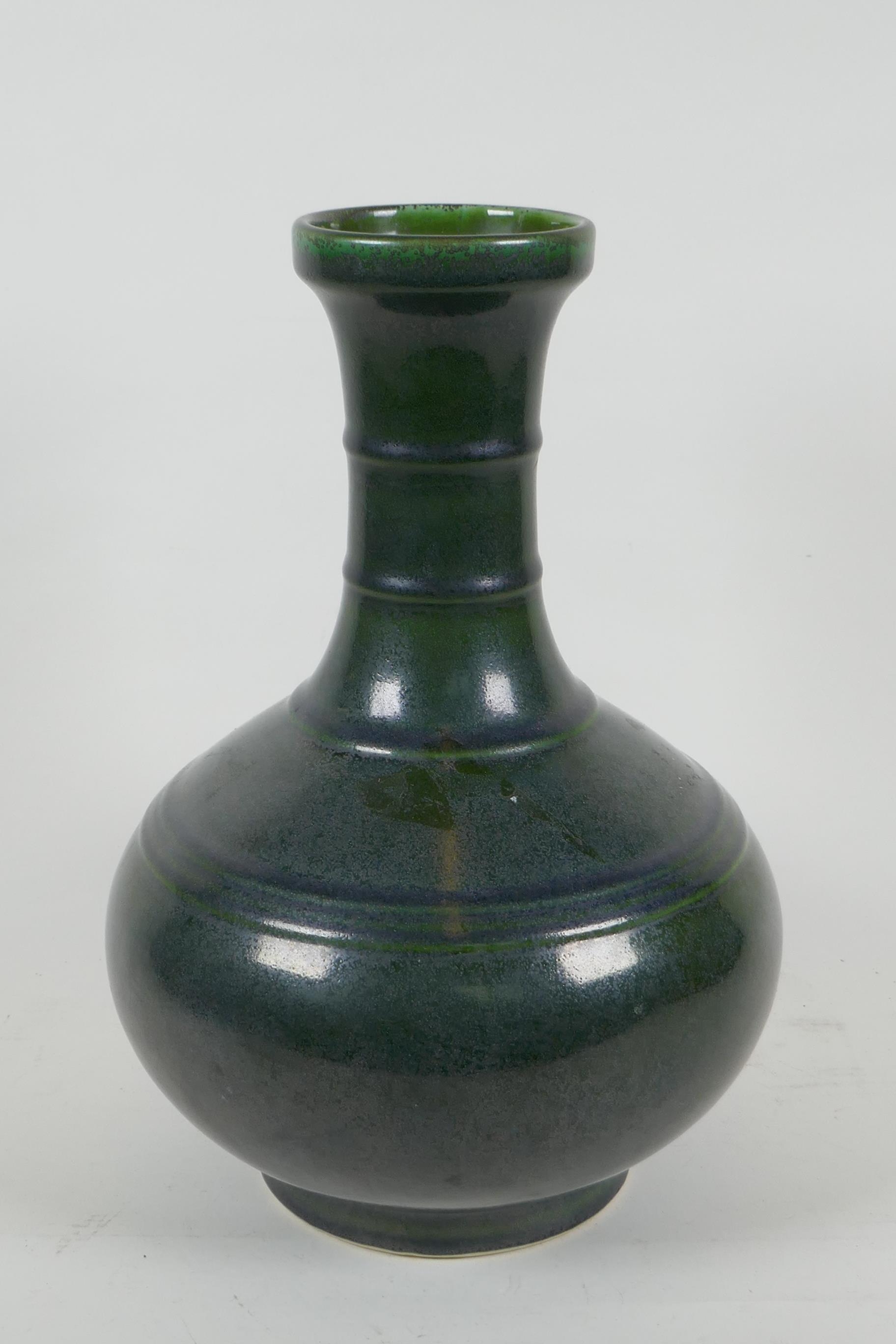 A tea dust glazed porcelain vase with ribbed neck,  Chinese KangXi 6 character mark to base, 33cm - Image 3 of 5