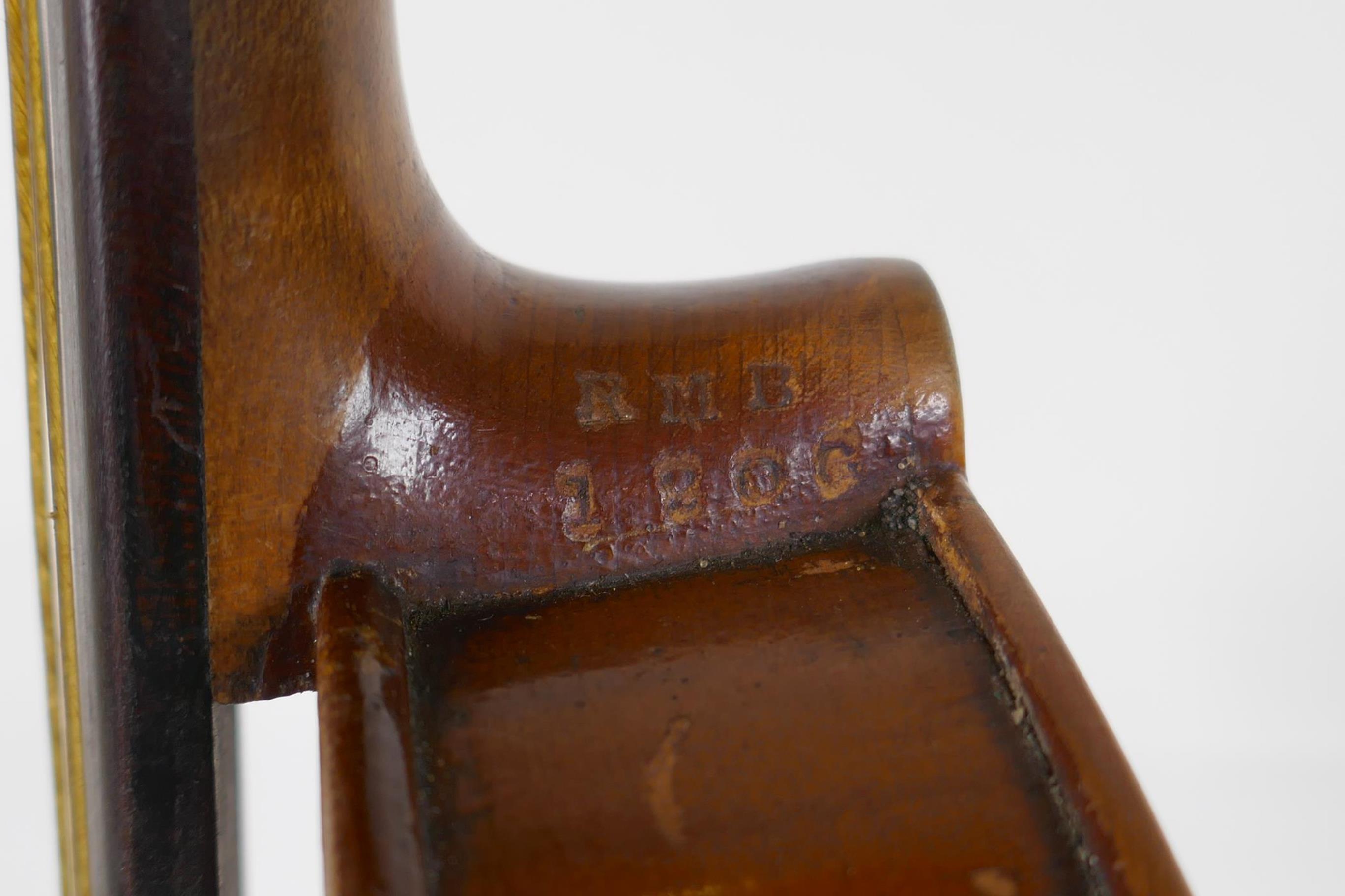 A violin and bow, the neck of the violin stamped RMB 1206, in a carry case, violin 59cm long - Image 3 of 7