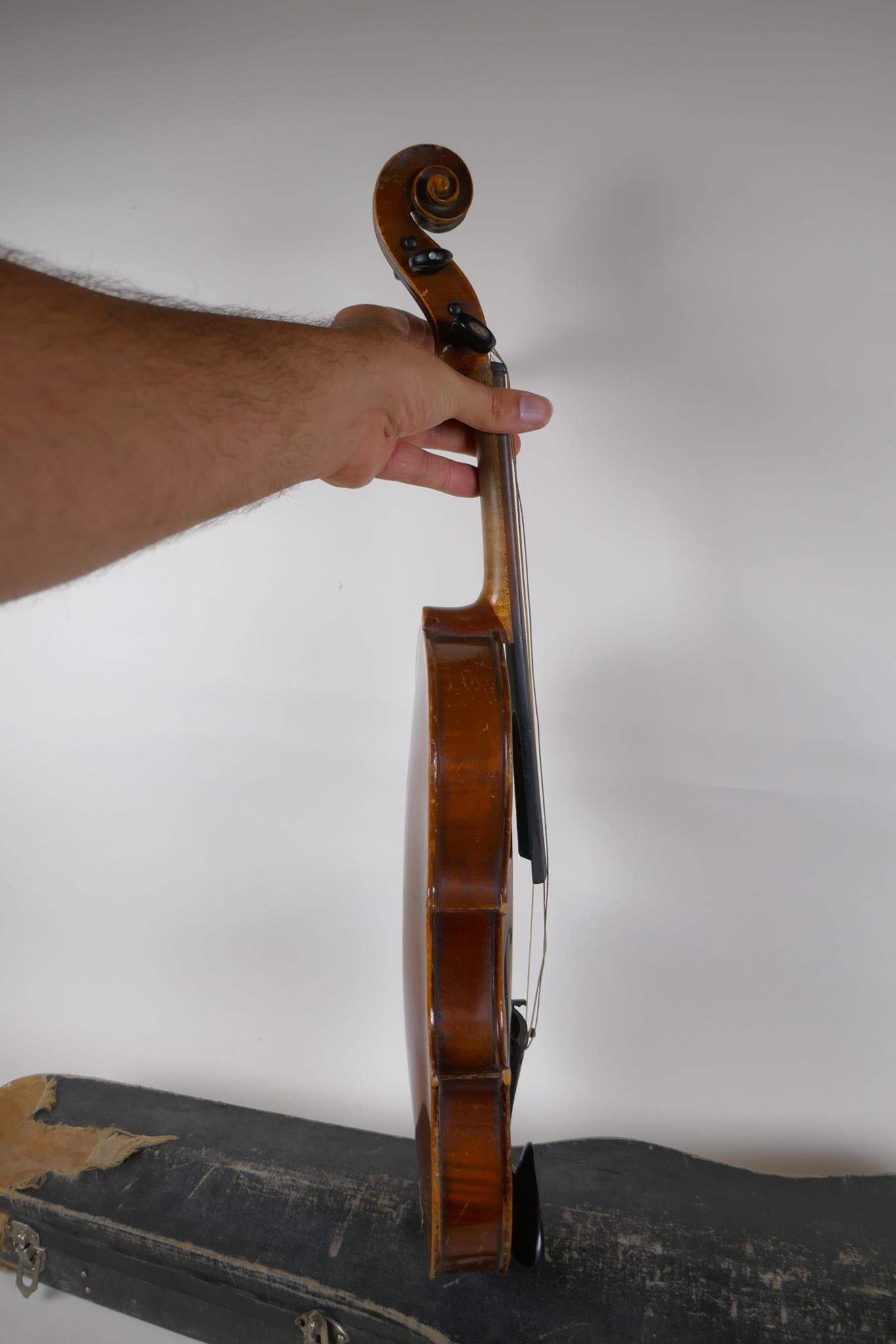 A violin and bow, the neck of the violin stamped RMB 1206, in a carry case, violin 59cm long - Image 6 of 7