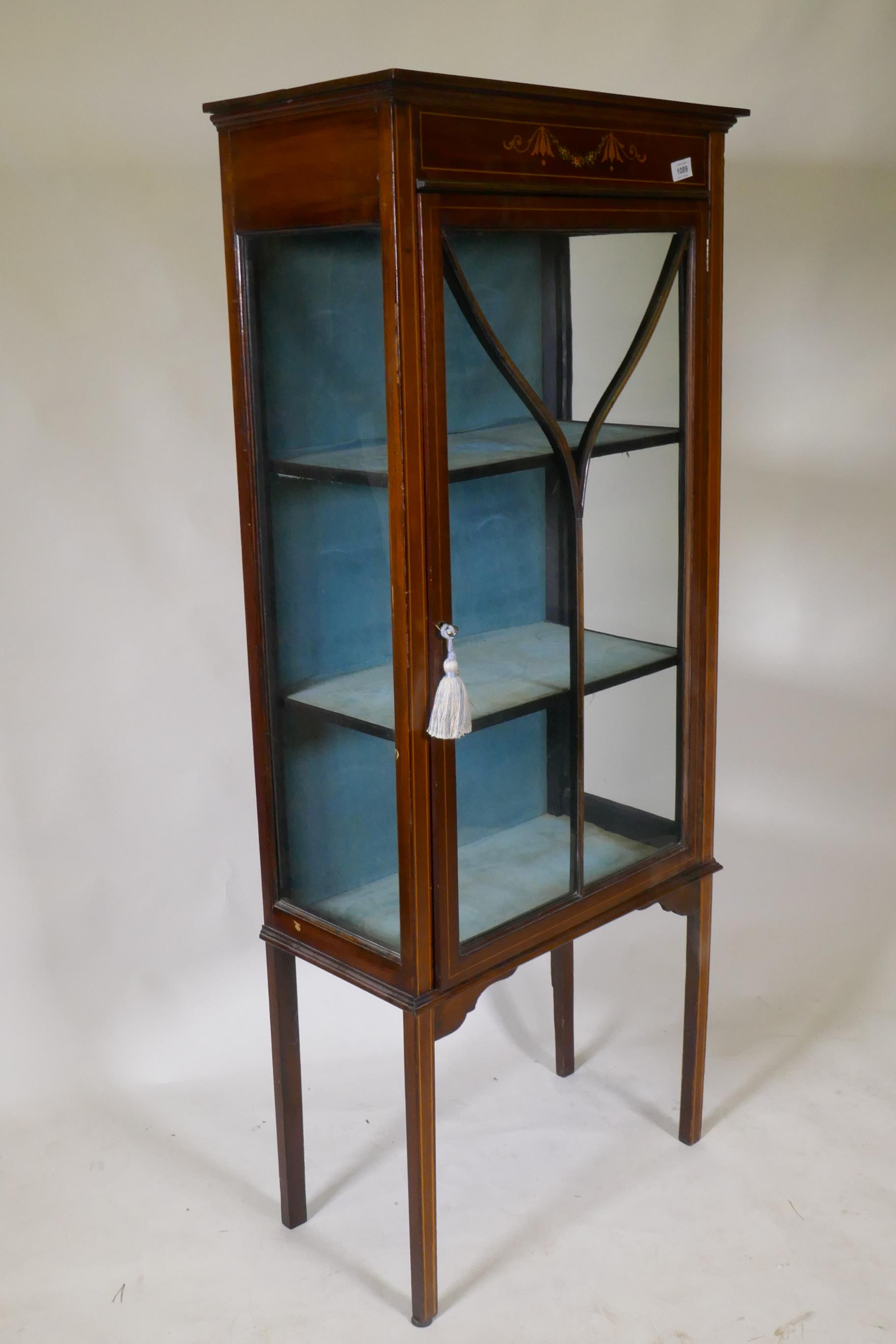 An Edwardian inlaid mahogany display cabinet with painted decoration and single glazed door, - Image 3 of 3