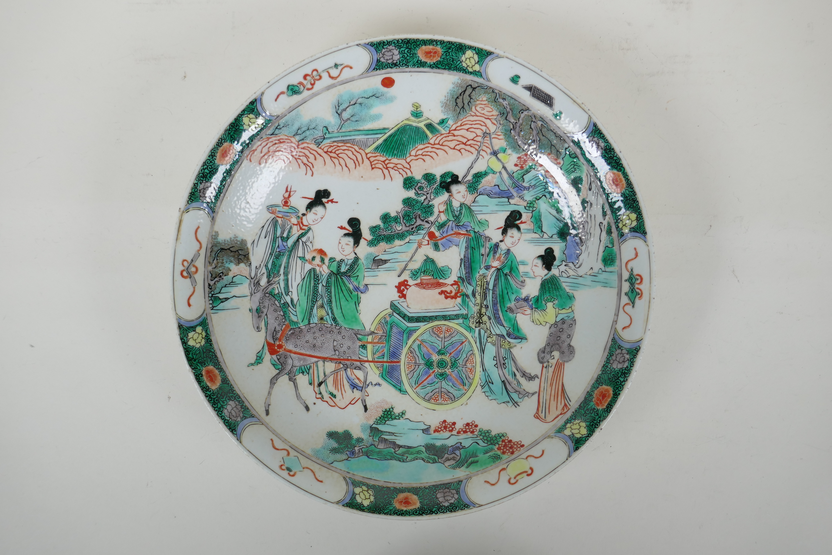 A Chinese KangXi style famille vert porcelain charger decorated with female travellers and deer - Image 2 of 6