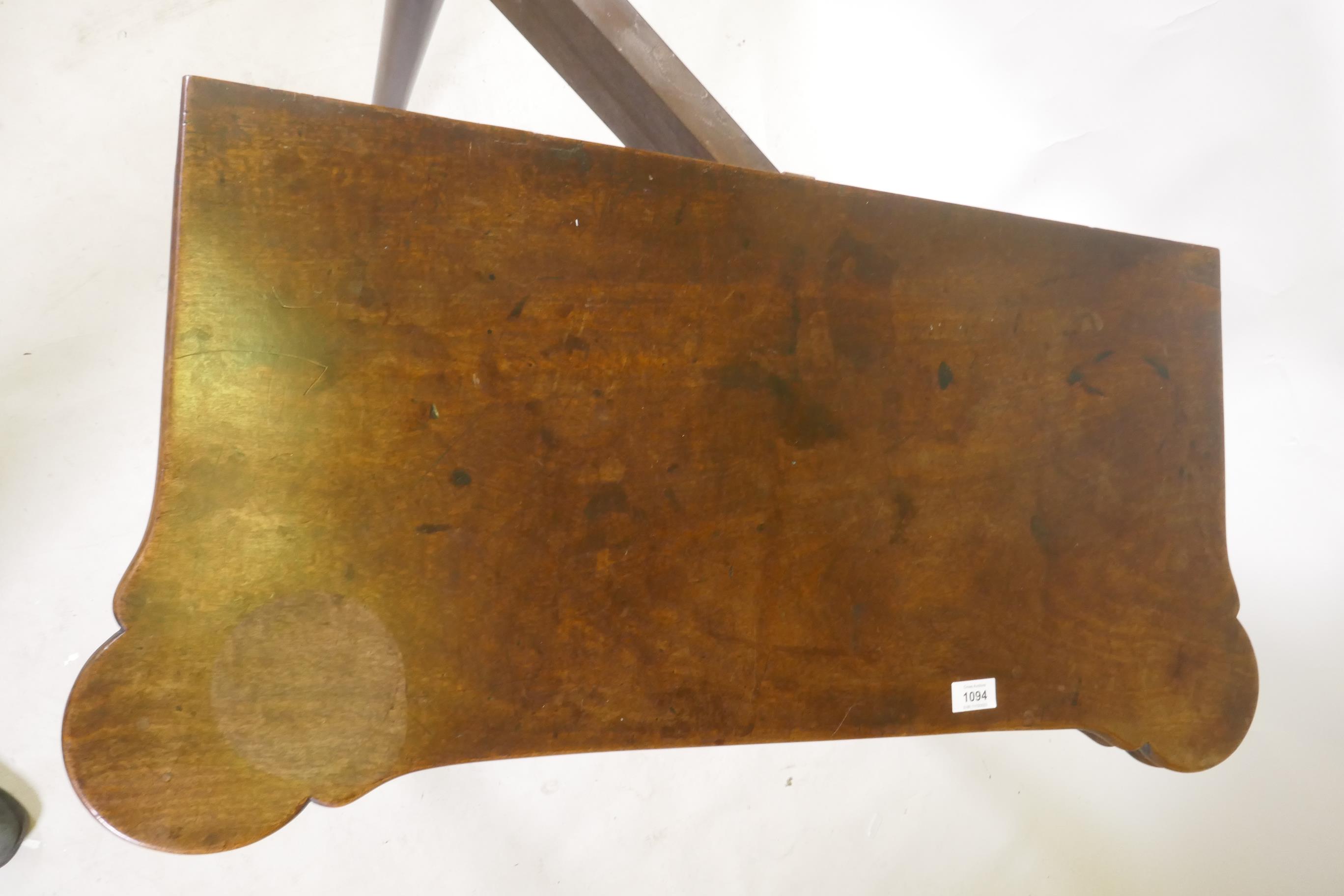 A Georgian mahogany fold over tea table with inlaid games top, shaped top and frieze drawer, - Image 5 of 5