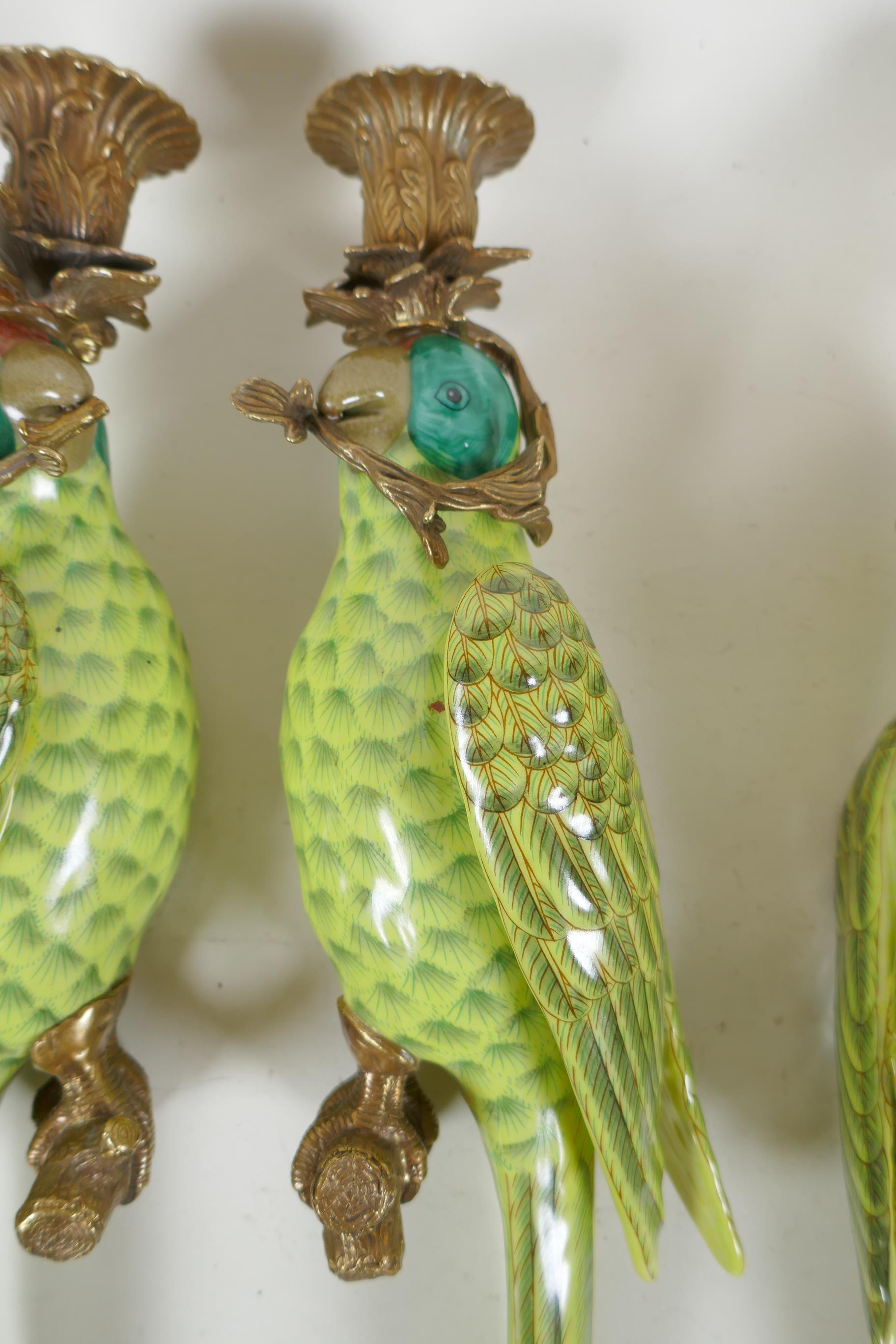 Two pairs of polychrome porcelain and gilt metal parrot wall sconces, 47cm high, 1AF - Image 3 of 6