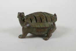 A Japanese bronze censer and cover in the form of a tortoise, 8cm long