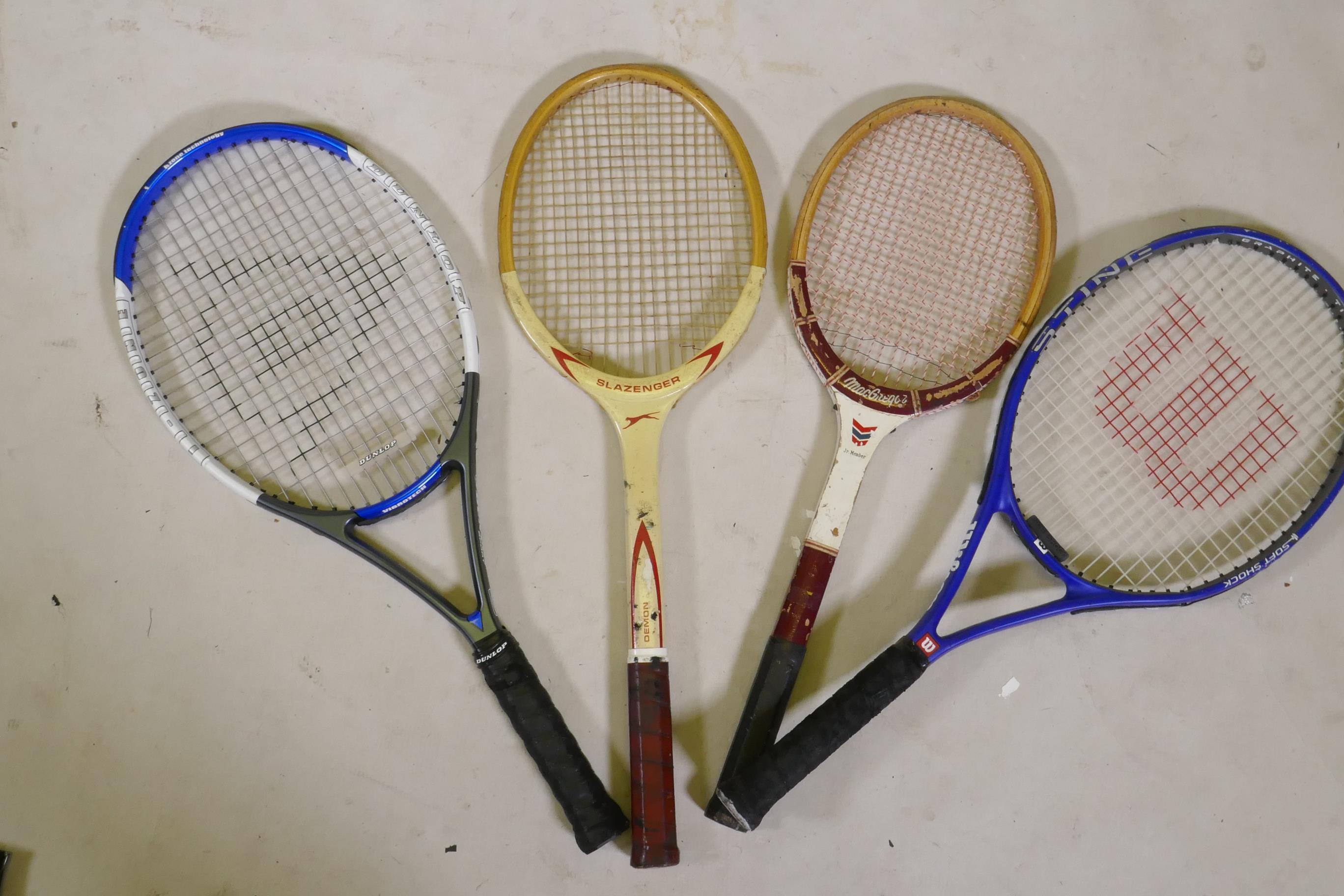 A Wilson 'Sting Soft Shock' tennis racket, a Dunlop 'I-Zone 5' tennis racket, a vintage Slazenger '