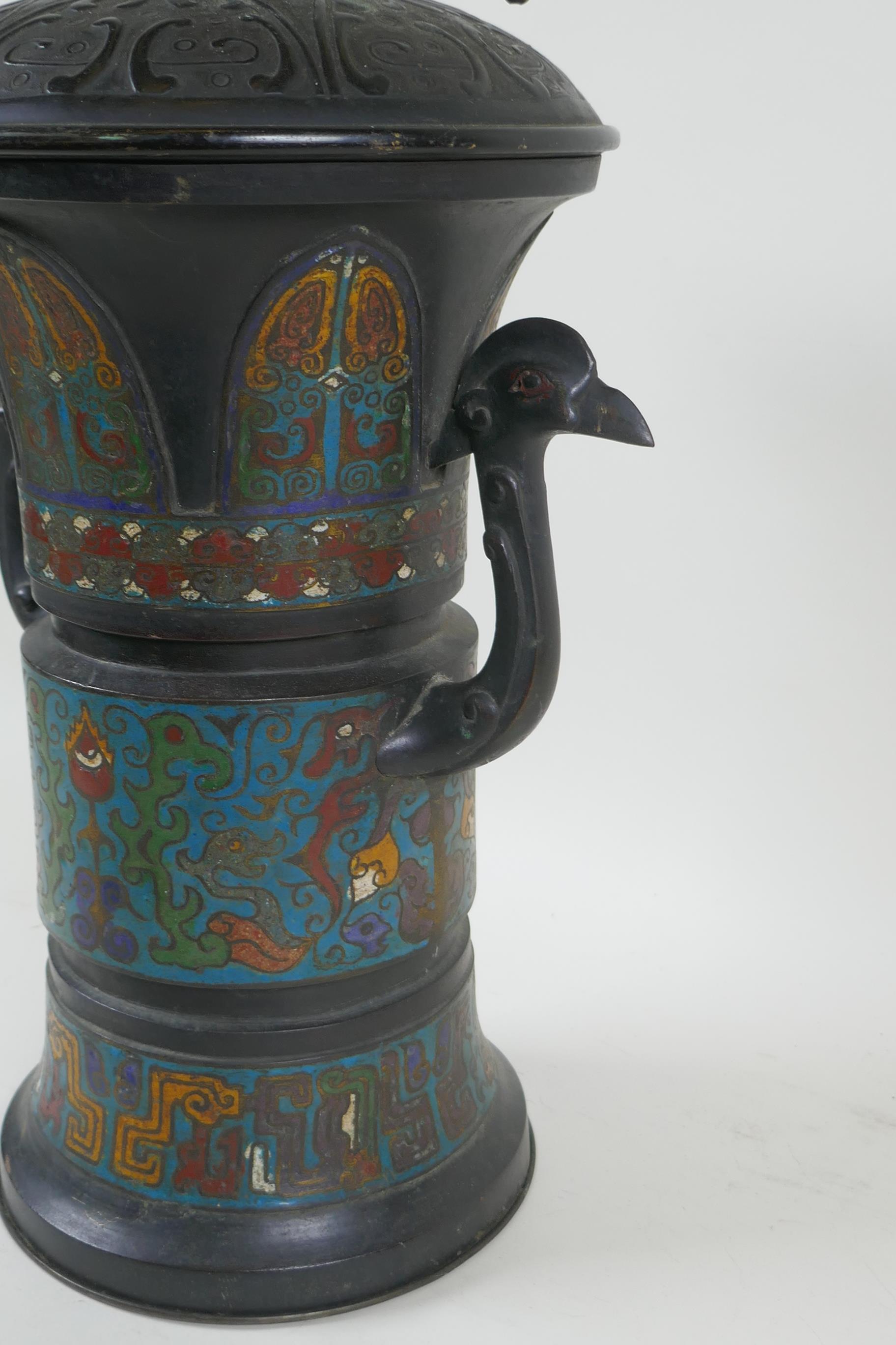 A Chinese cloisonne two handled lamp, 73cm high - Image 3 of 6