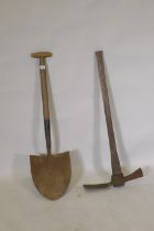 A WWII military Hardypick shovel and pick axe, impressed with crow's foot and dated 1943, 95cm high