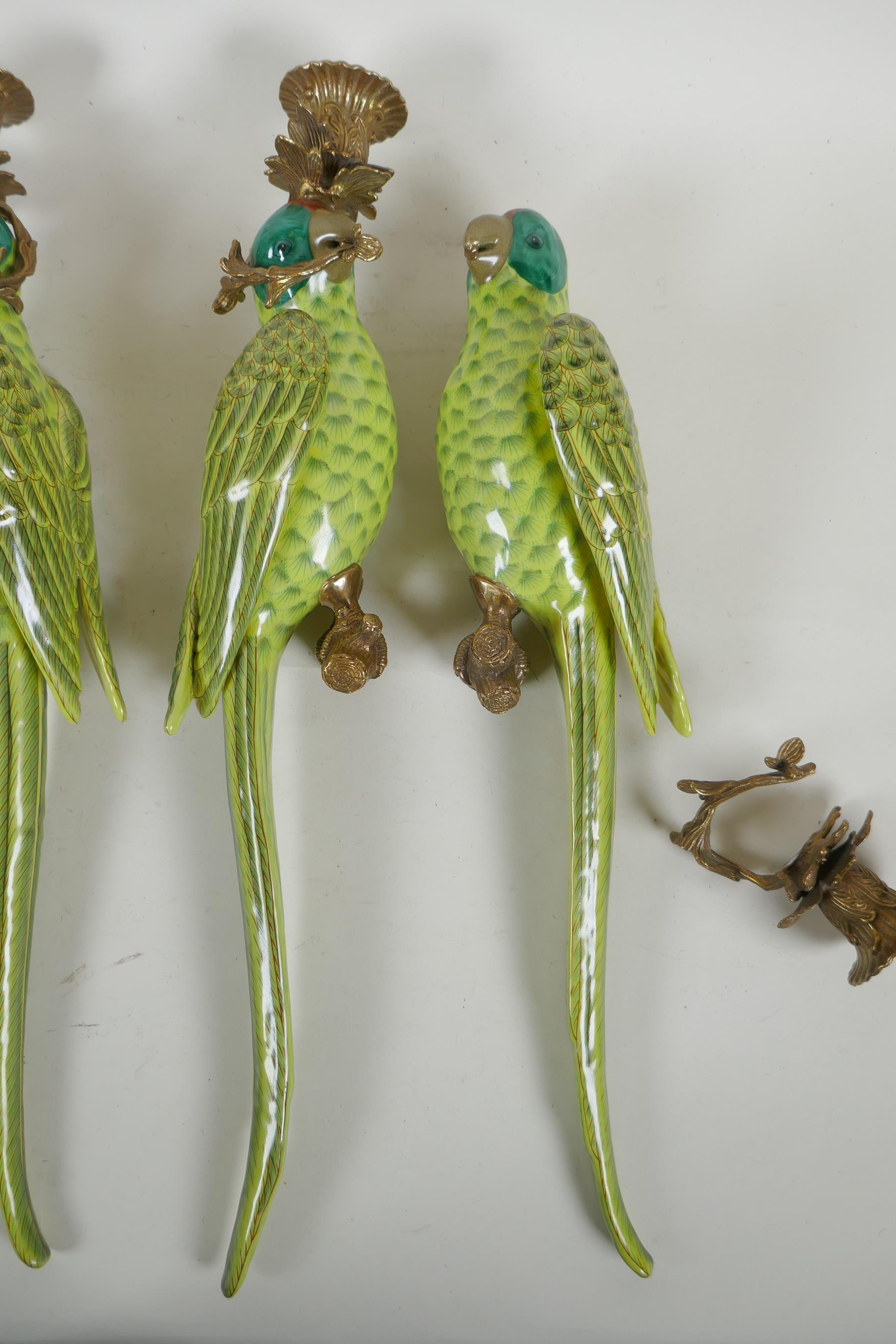 Two pairs of polychrome porcelain and gilt metal parrot wall sconces, 47cm high, 1AF - Image 4 of 6