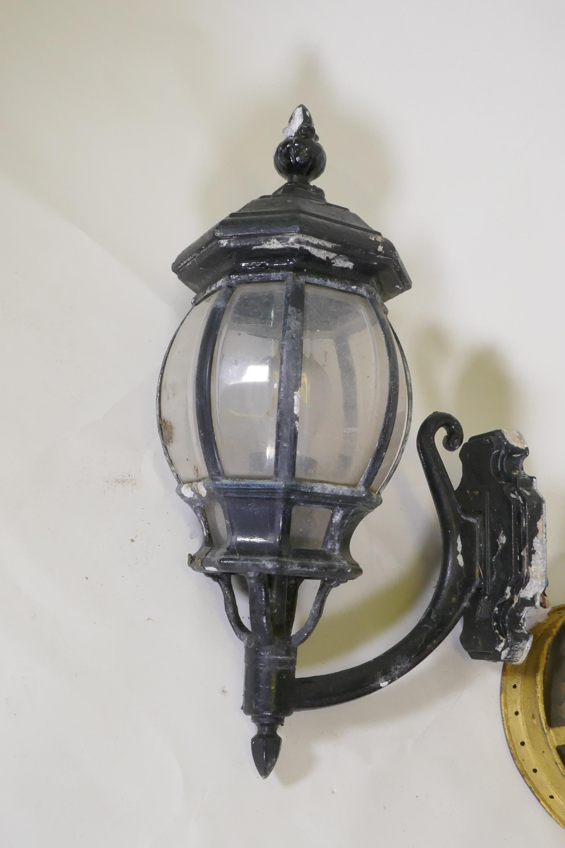 A vintage metal lantern and a wall lantern, 36cm high - Image 2 of 3