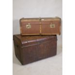 An antique wood travelling trunk with canvas covers and metal mounts, 76 x 50 x 33cm, and a tin