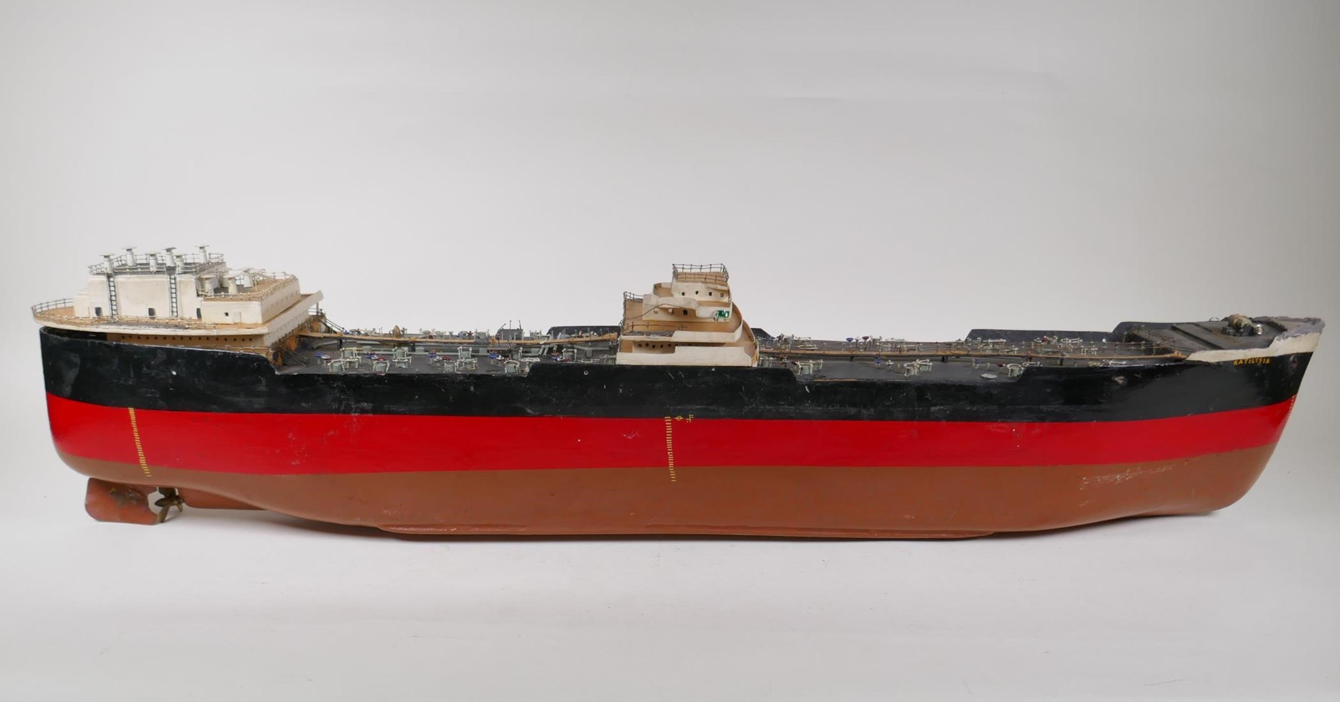 A scratch built motorised oil tanker, Katilysia, 96cm long