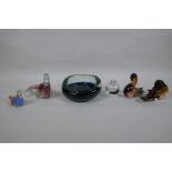 Four studio glass animals to include birds and a seal, and a studio glass ash tray and scent bottle,