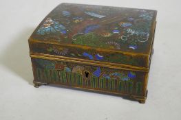 An antique Japanese cloisonne cigarette box with gilt brass interior, 11 x 10 x 6cm, AF cover