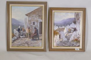 Manuel Cuberos, Spanish landscape, 26 x 35cm, and another of seated women on a terrace, both signed,