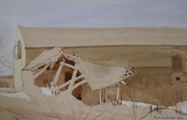 Peter Newcombe, 'Old Barn', signed and dated 1969, Furneaux Gallery, SW19 label verso, ink and wash,