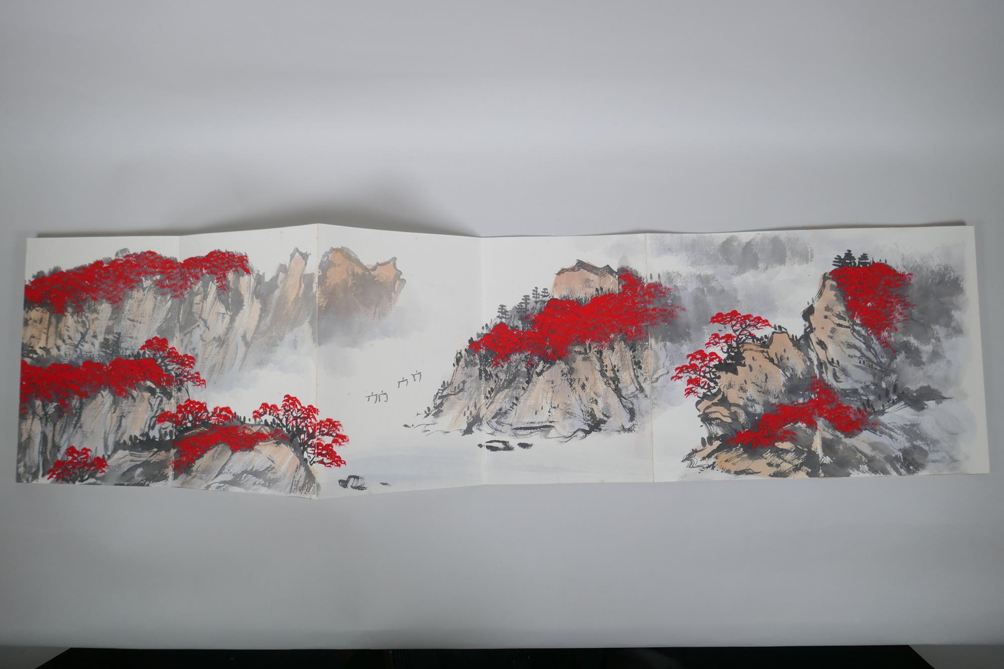 A Chinese watercolour concertina book depicting a mountain river scene, 17 x 25cm - Image 3 of 7