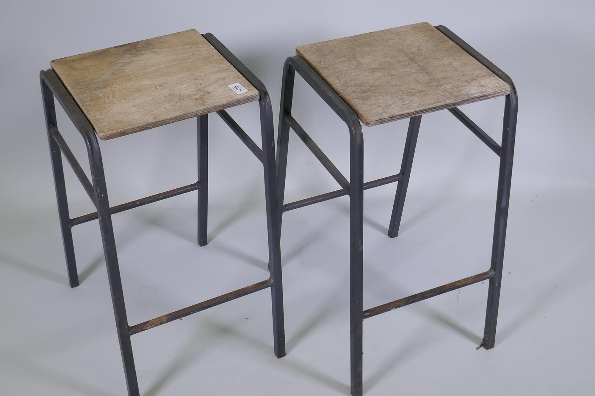 A pair of vintage industrial laboratory stools, with steel frames and ply seats, 52cm high - Image 2 of 4