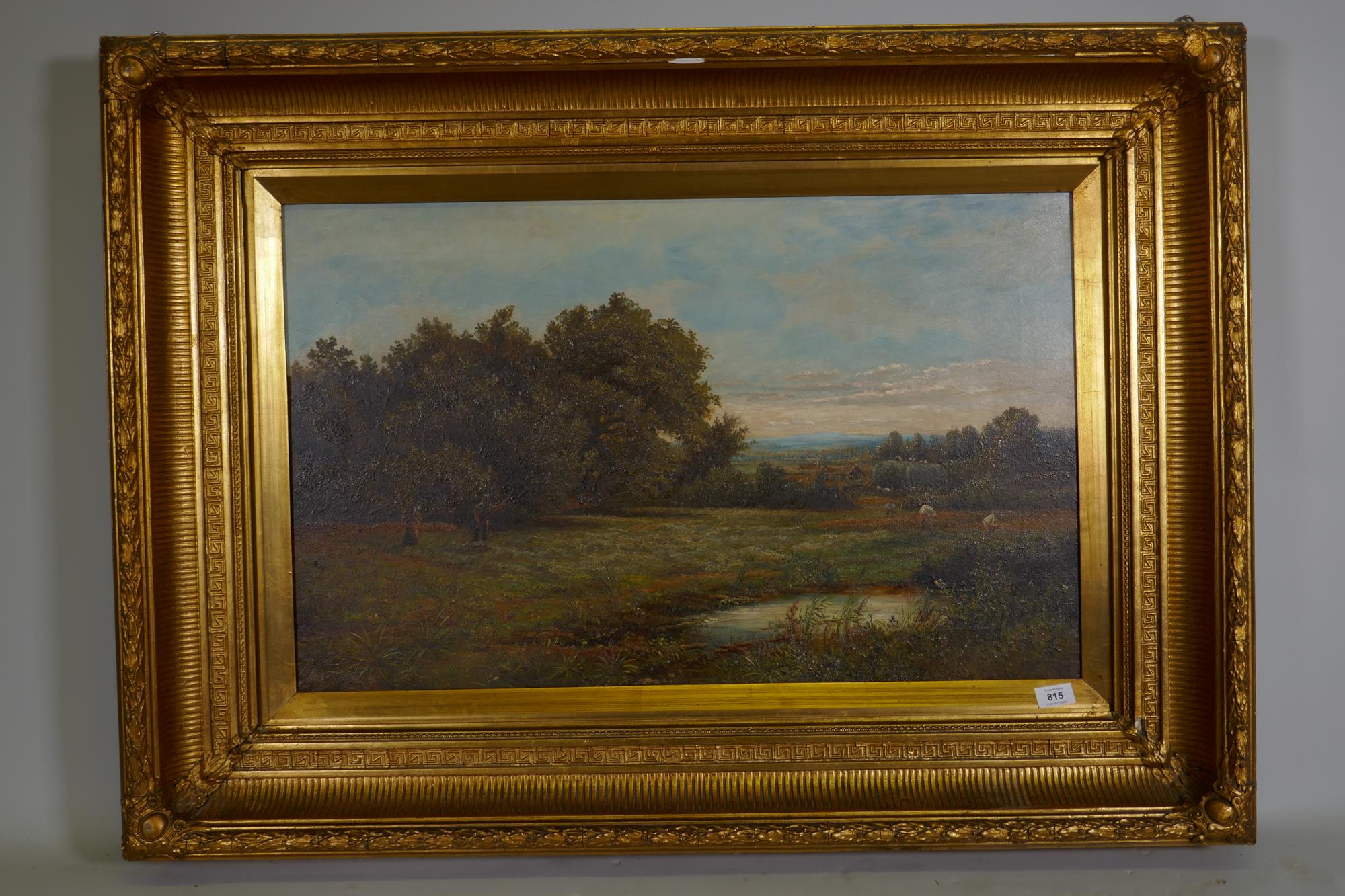 Landscape with haymakers, unsigned, C19th, oil on canvas in a good gilt frame, 81 x 51cm - Image 2 of 6