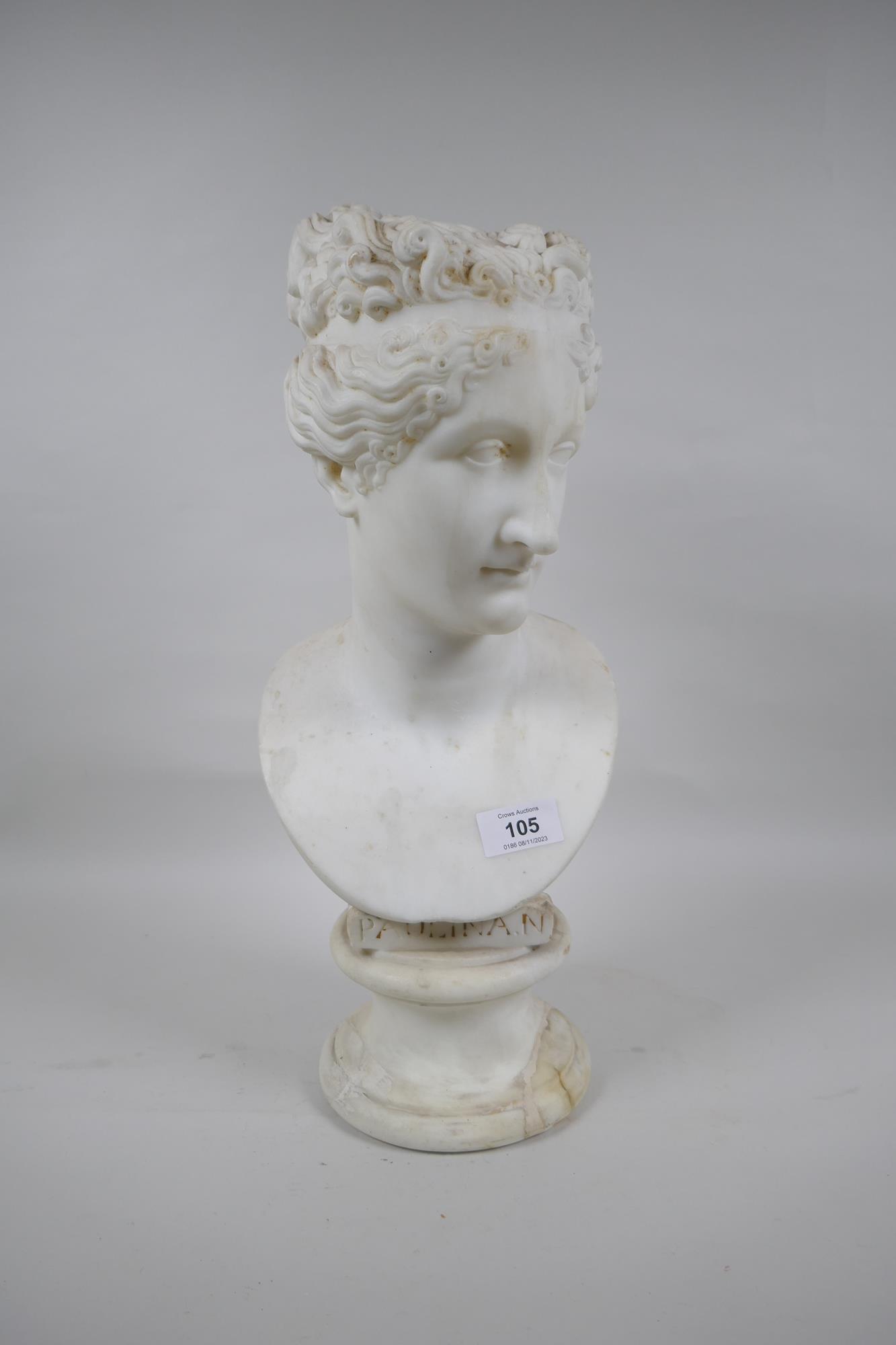 A C19th marble bust of a woman, raised on a socle, AF repaired, inscribed Paulina.N, bust 34cm high