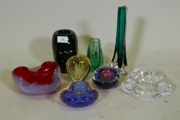 A collection of Murano glass dishes, two spill vases, a green glass vase and an Orrefors dish,