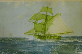 After Montague Dawson, sailing ship under sail, signed in pencil, Fine Art blind stamp, published