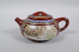 A Chinese YiXing teapot of squat form with polychrome enamel decoration, impressed mark to base,