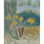 Impressionist style coloured chalk drawing, yellow flowers on a window sill, signed  Methuen?, 38