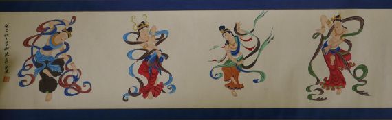 After Pan Jiezi, (Chinese,  1915-2002), watercolour scroll depicting ribbon dancers, 117 x 29cm