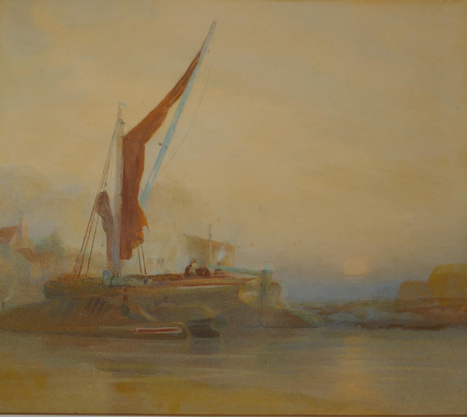 Beach boat in a coastal inlet, signed Henry Barlow Carter, and a study of moored barges at sunset, - Image 2 of 4