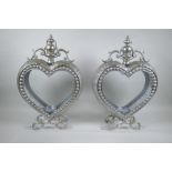 A pair of silvered metal heart shaped lanterns, 52cm high