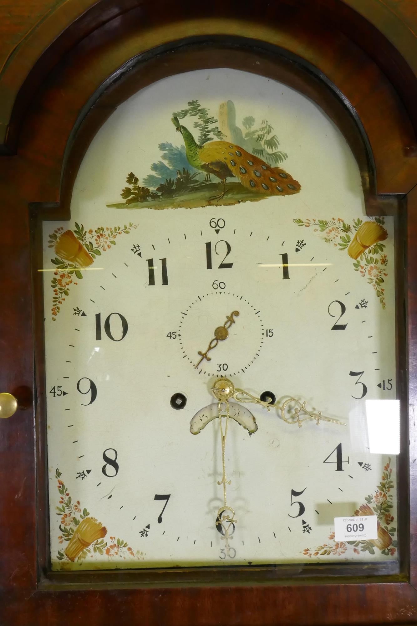 C19th Welsh oak long case clock, the inlaid case with brass mounts, arched dial, decorated with a - Image 4 of 10