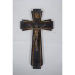 An early C20th inlaid wood crucifix with gilt metal Corpus Christi, 20 x 35cm