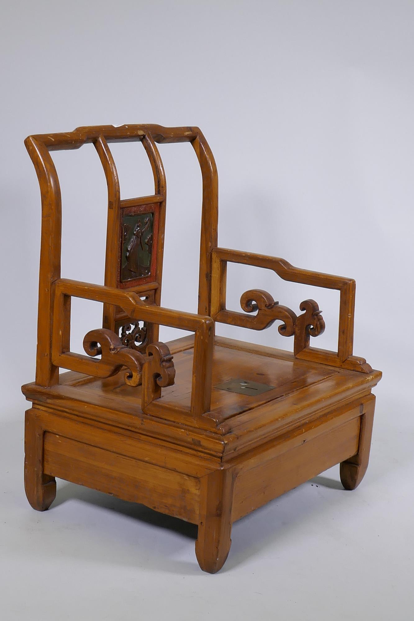 An antique Chinese pine shopkeeper's low chair, with carved panel back, 54 x 42cm, 67cm high - Image 4 of 4