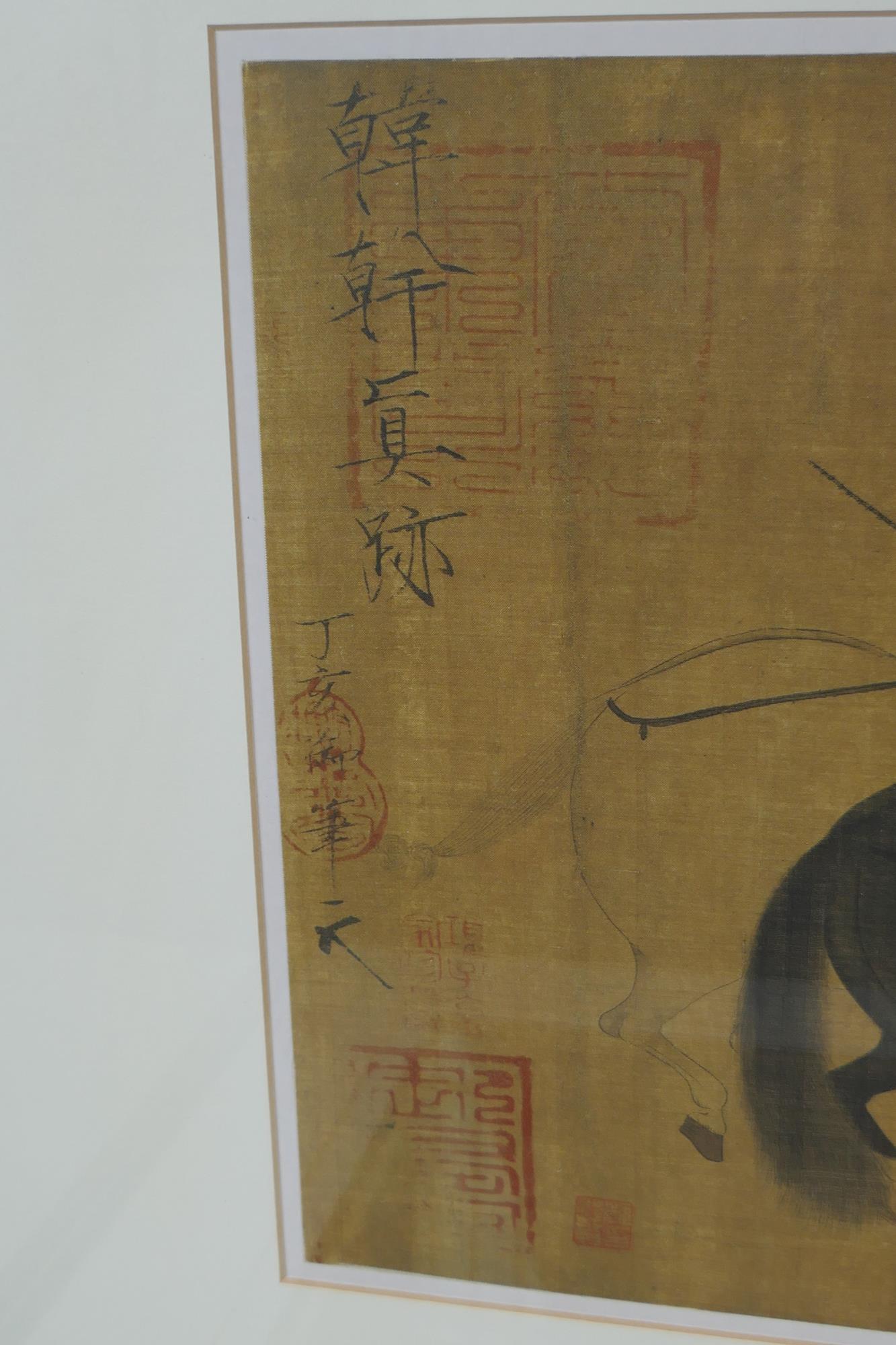 Figure on an island, and a portrait of a horseman, two framed Chinese prints on silk, both inscribed - Image 3 of 5