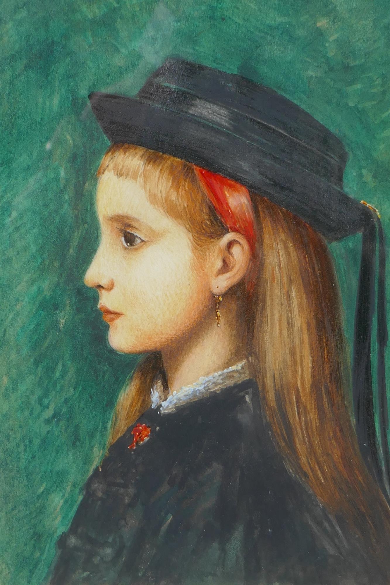 Portrait study of a young lady in a black bonnet, signed Henner, framed watercolour, 18 x 13cm