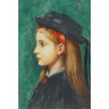 Portrait study of a young lady in a black bonnet, signed Henner, framed watercolour, 18 x 13cm