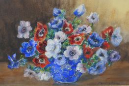 Marion Broom, anemones in a blue and white bowl, signed, watercolour, 37 x 55cm