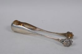 C19th French silver tongs with lion paw decoration,  maker's mark P B  Philippe Berthier, 16cm lon