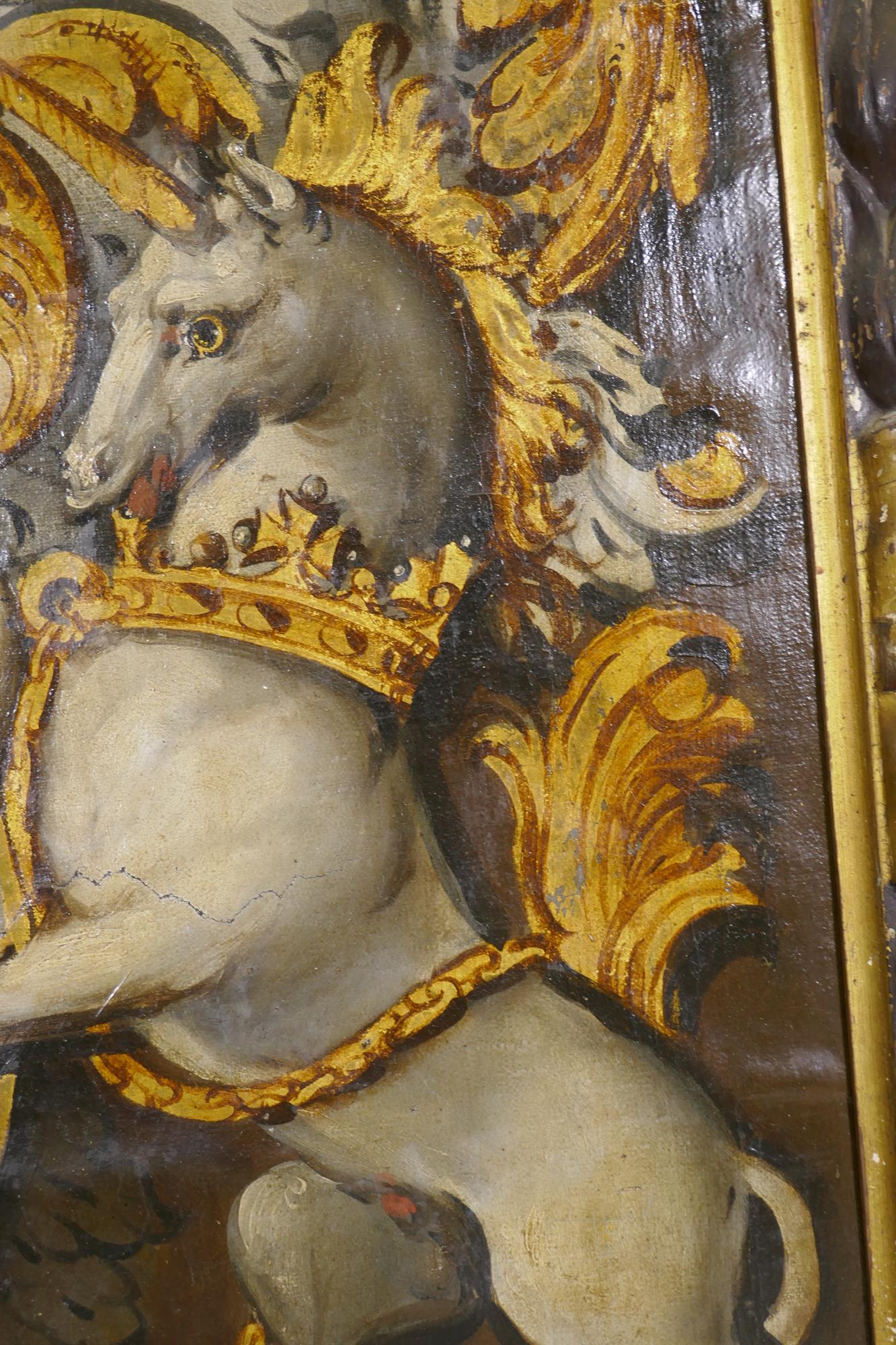 Heraldic painting depicting the Royal Coat of Arms of Charles I, oil on canvas with parcel gilt - Image 5 of 12