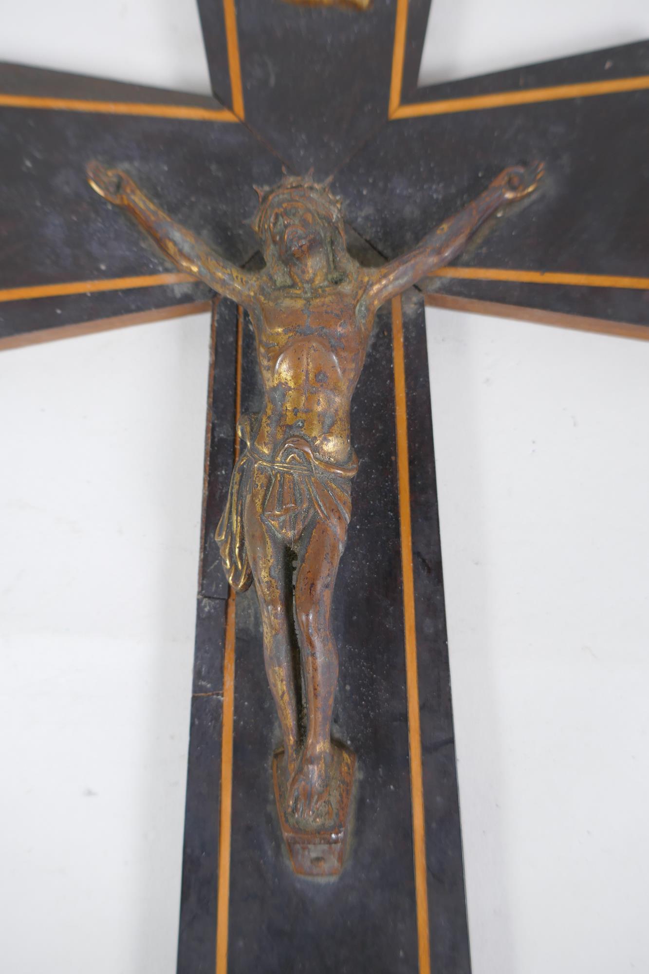 An early C20th inlaid wood crucifix with gilt metal Corpus Christi, 20 x 35cm - Image 2 of 2