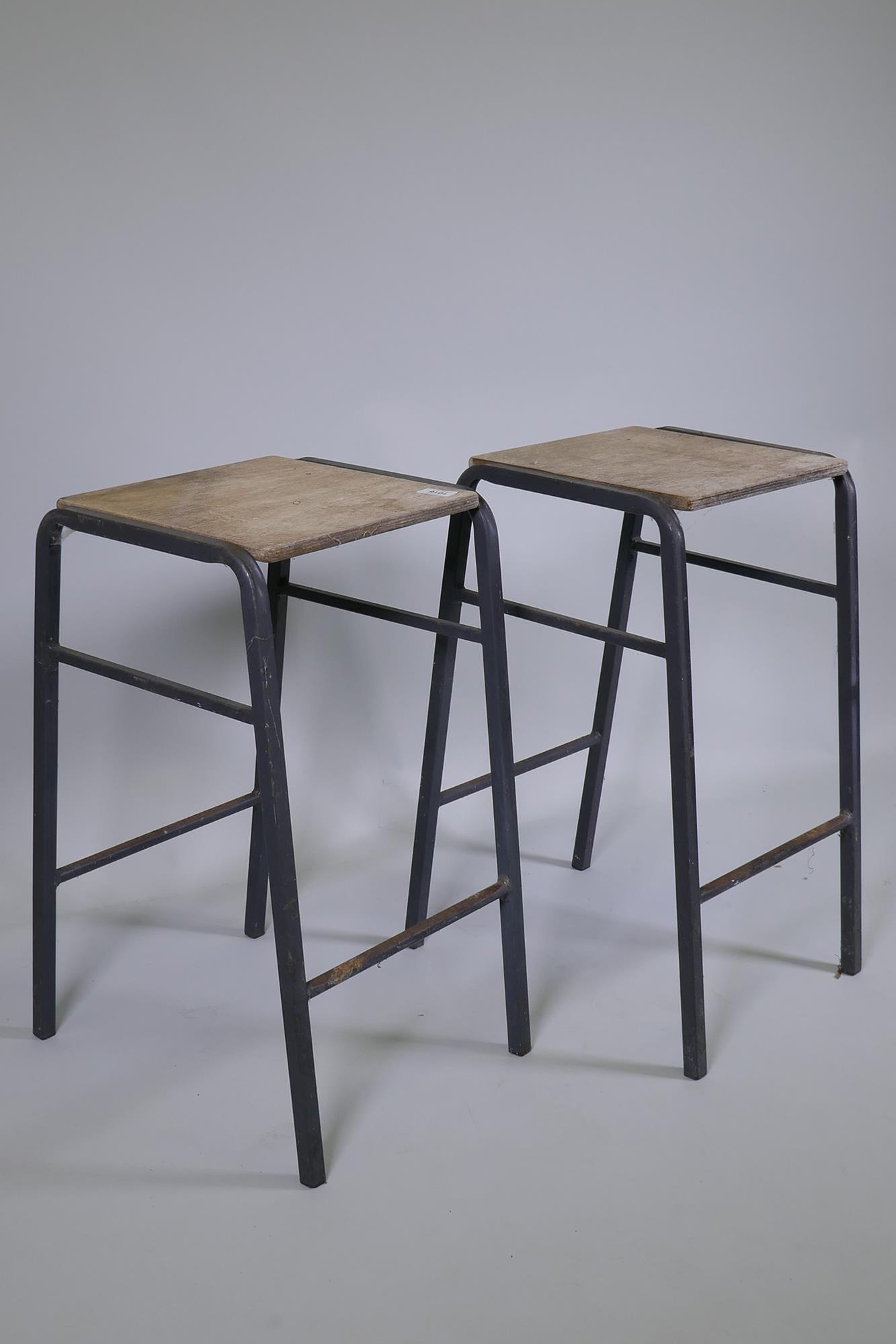 A pair of vintage industrial laboratory stools, with steel frames and ply seats, 52cm high - Image 3 of 4
