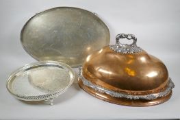 An antique Sheffield plate meat cover and two silver plated gallery trays, cover 52 x 37cm, 29cm